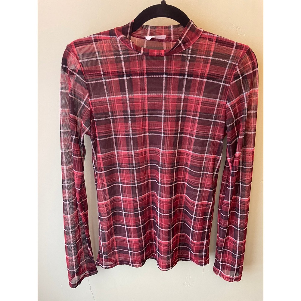 Trendy Y2K Red Black Plaid Sheer Mesh Goth Mock Neck Long Sleeve Top Large